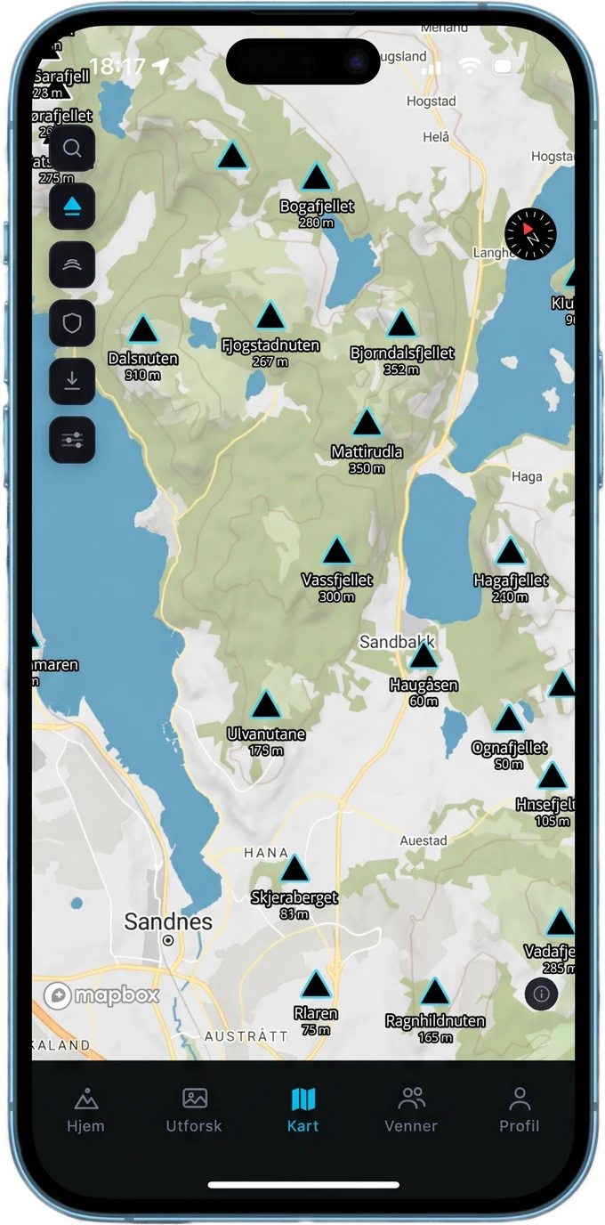 Kart-fanen i Conquer-appen med GPS-verifiserte topper rundt Sandnes